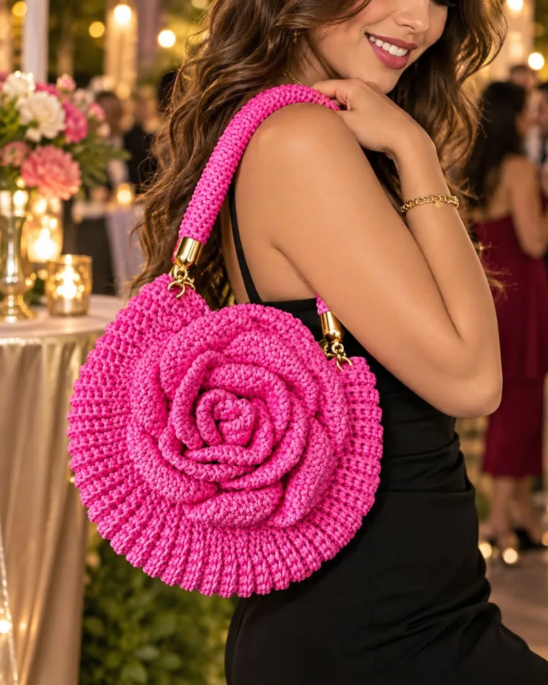 Rosa Fucsia: Bolsa circular tejida en hilo rosa fucsia con una gran rosa en relieve, asa tejida y herrajes dorados