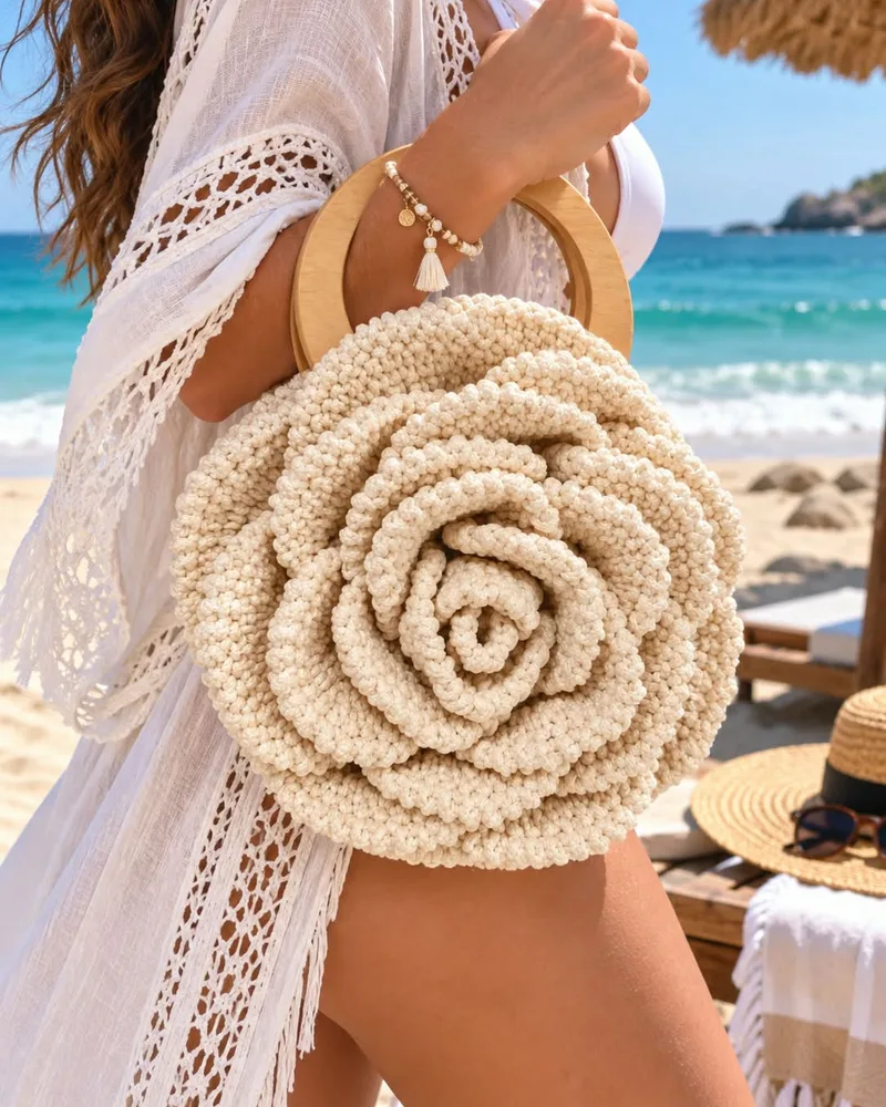 Bolsa Rosa Natural: bolsa circular tejida en hilo crudo con una gran rosa en relieve y asa de aro de madera